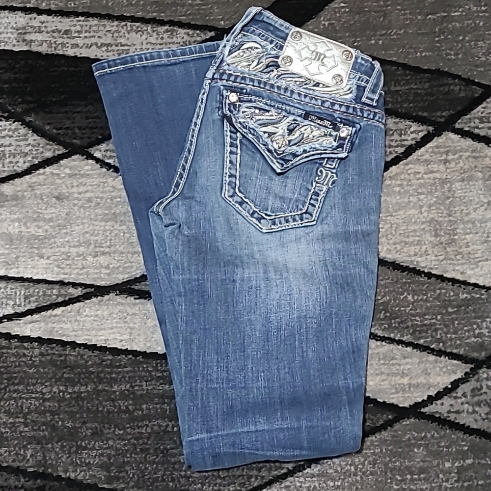 MISS ME EMBROIDERED BLING SIGNATURE BOOT-CUT DENIM JEAN